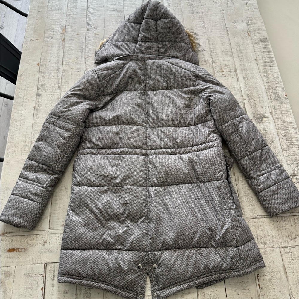 Gray Winter Coat with Faux Fur Hood Long Length - Picture 2 of 14